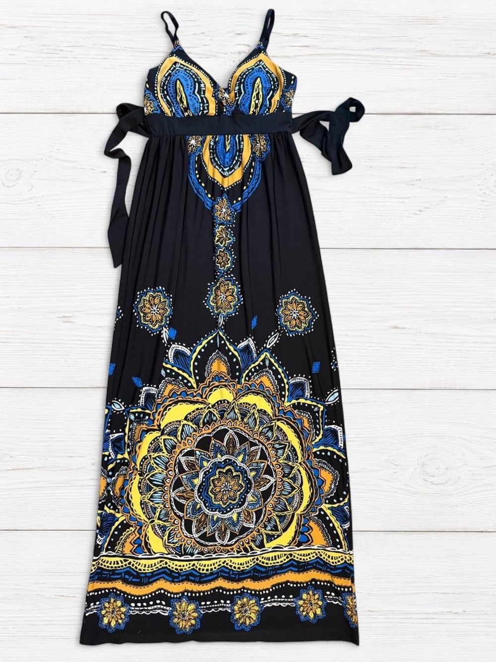 Snap Black Maxi Dress with Yellow & Blue Mandala Print